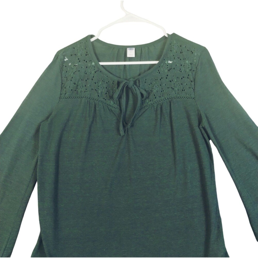 Forest Green Boho Knit Top Size M Long Bell Sleeve Round Tie Neck Embroidered